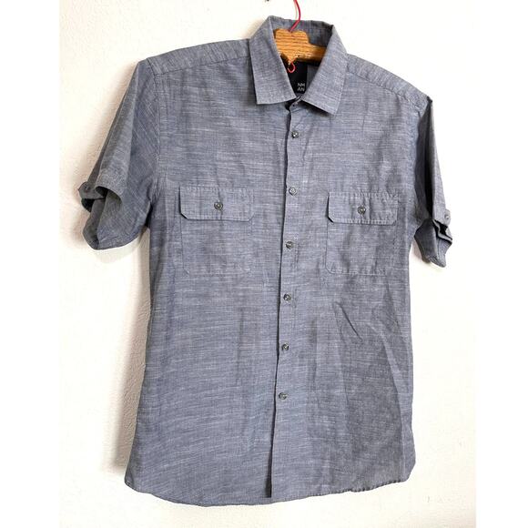 NM Nicole Miller Men's Button-Down Short Sleeve Cotton Blue Shirt Small - Picture 1 of 8